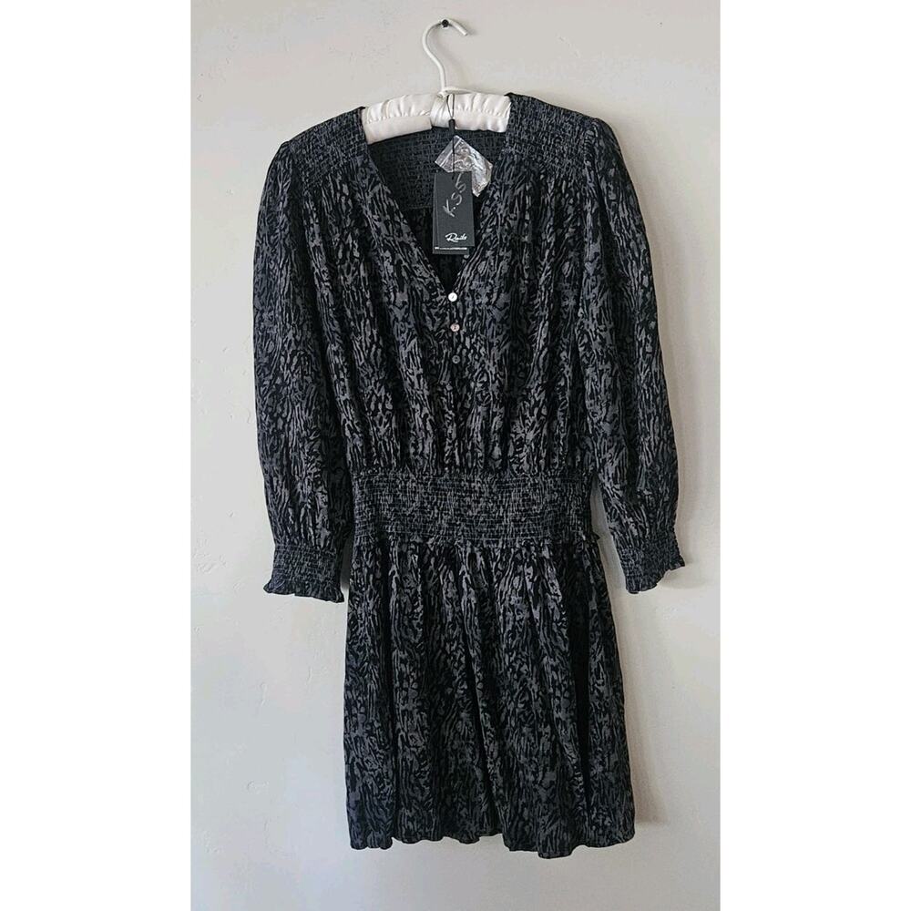 Rails Zana Dress Charcoal Gray Abstract Animal Smocked Long Sleeve Size M $228